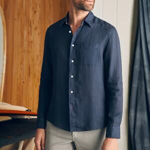 Faherty Linen Laguna Storm Navy Long Sleeve Shirt S NEW Collar Button Up Pocket